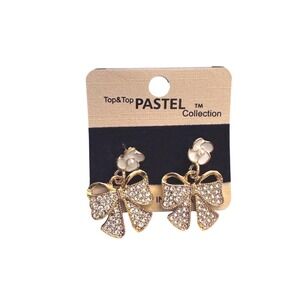 NWT Top&Top Pastel Collection Gold Tone Rhinestone Bow Flower Drop Earrings